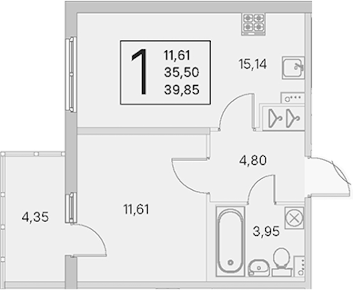 1-комнатная квартира 35.5 м², 1/4 эт., ЖК «Любоград в Стрельне»